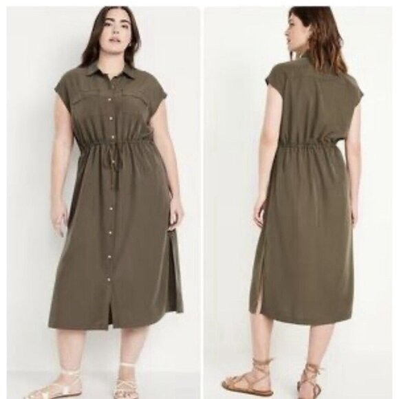 Old Navy Size XXLT Utility Midi Dress Green Button Front Drawstring Waist - Picture 1 of 9